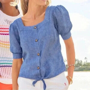 Talbots linen chambray blouse tie waist coastal 3X
